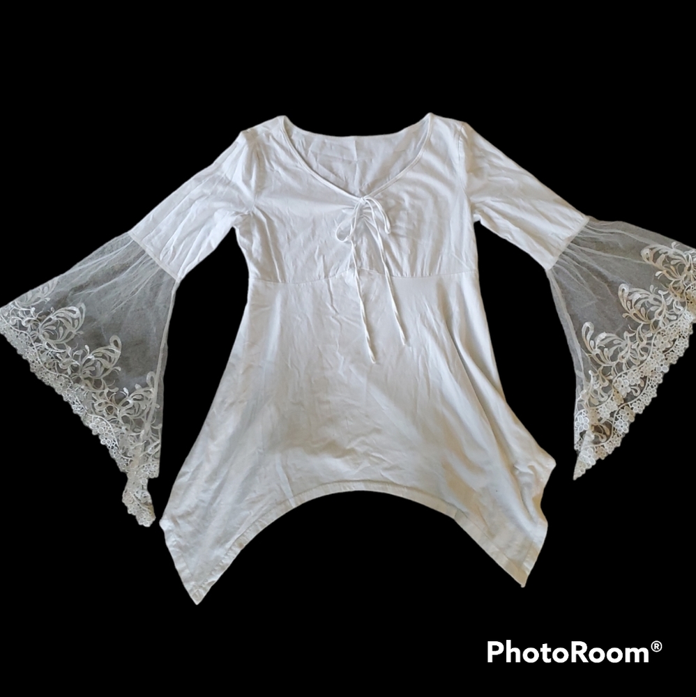 Boho style White Long Sleeve Woman’s Blouse With Lace Accent Bell Sleeve  Size L